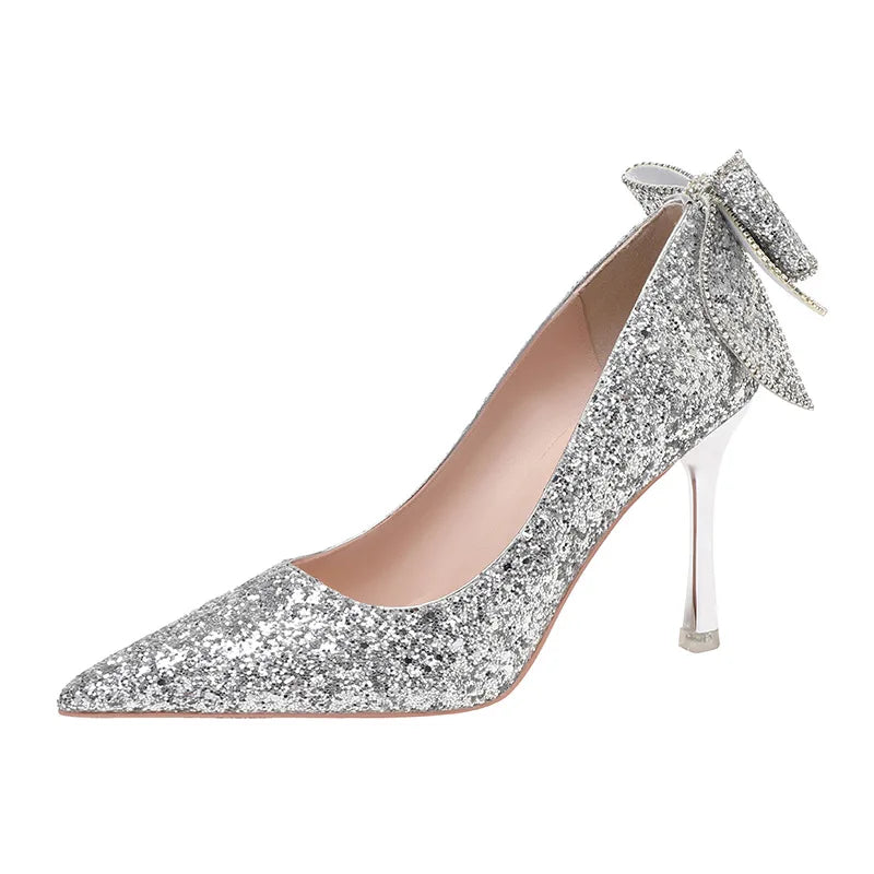 Luxury Silver Glitter Closed/Pointed Toe Stiletto High Heel Ladies Pumps Spring Summer Winter Wedding Shoes for Bride