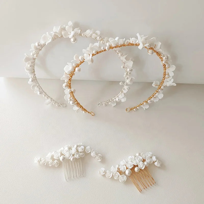 Handmade Small White Porcelain Floral Tiara Headband Shell Pearl Twist Hair Band Flower Girls Bridal  Crown Hair Accessory