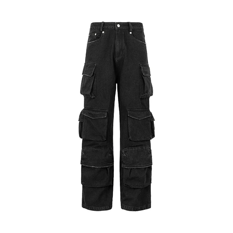 Unisex Distressed Denim Cargo Pant Wide Leg Spring Leggings Windproof and Anti-Wrinkle Fabric Button Fly Style Cargo Pant