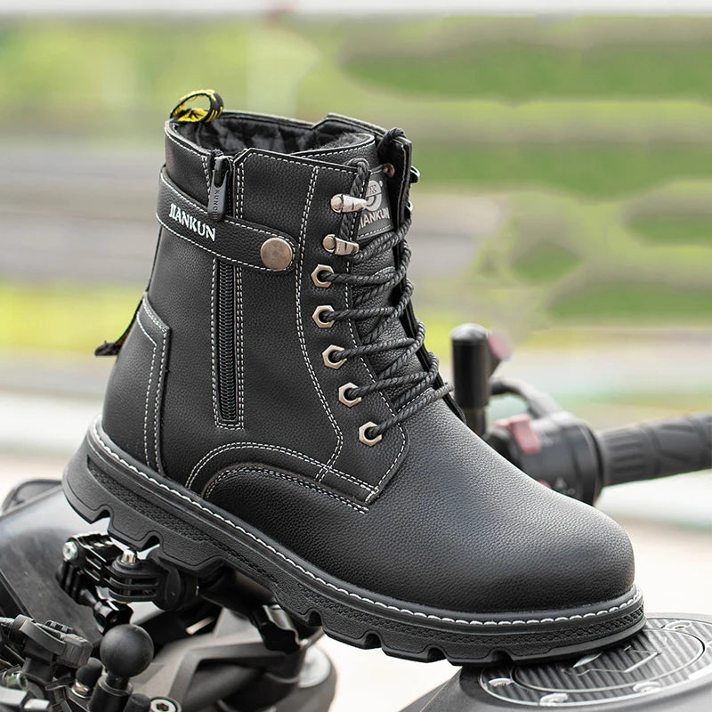 JIANKUN Unisex Microfiber Work Winter Motorcycle Boots Men CE Certified Genuine Leather Safety Shoes Non-Slip Waterproof