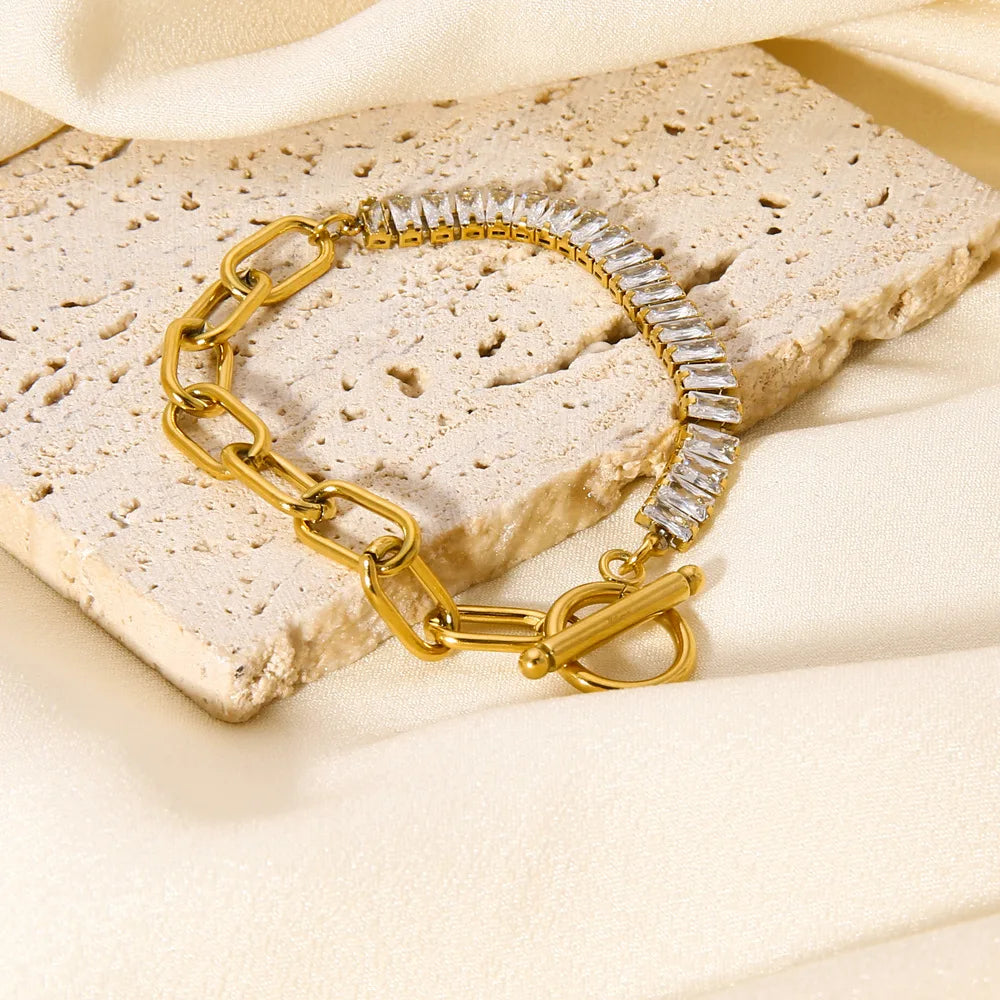 Trending Fashion 18K Gold Plated Bracelet OT Buckle Design Patchwork Stainless Steel Zircon Bracelet for Women