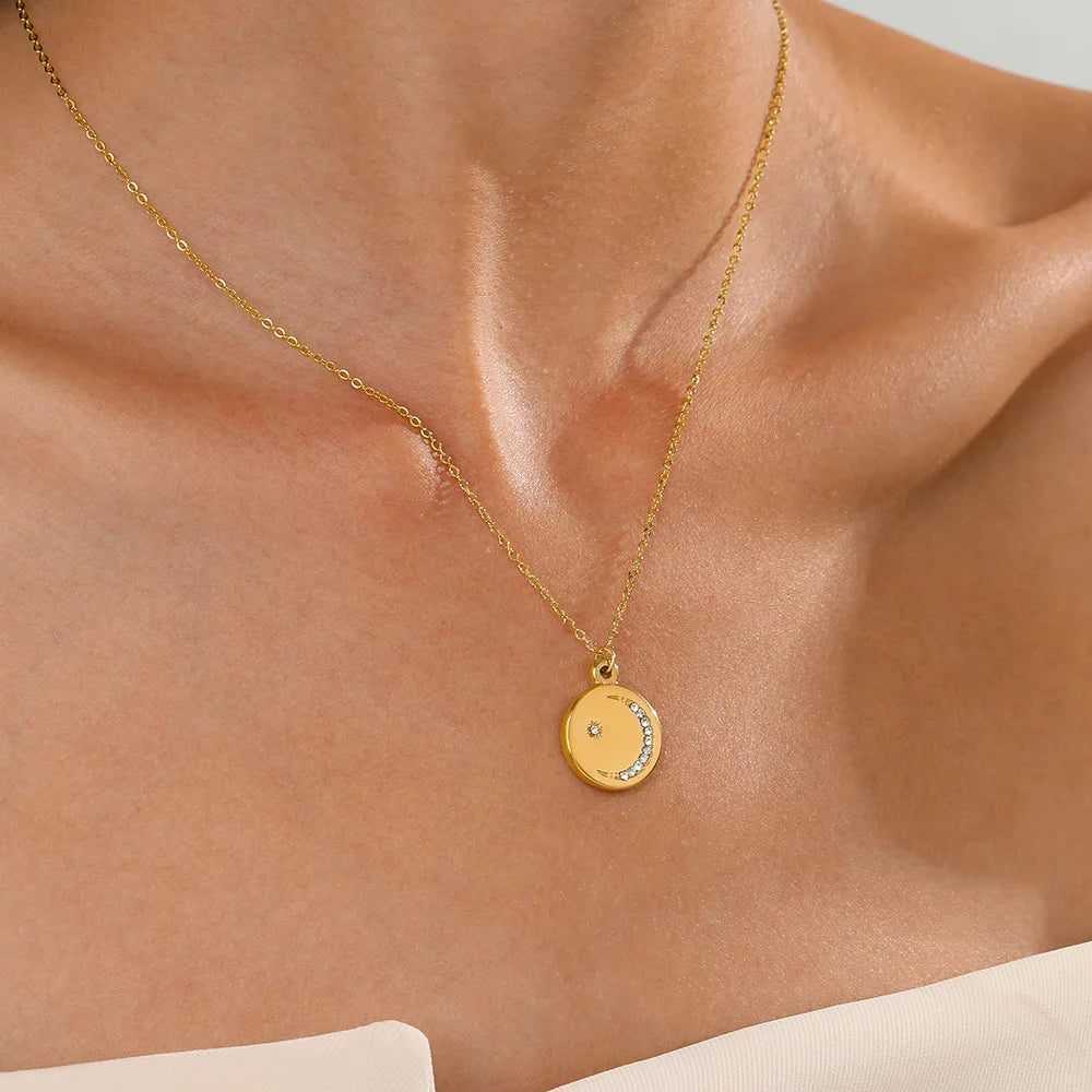 YF3220 Hot Sale Trendy 14k Gold Plate Stainless Steel Inlaid Pave Zircon Moon Star Pendant Necklace for Girls