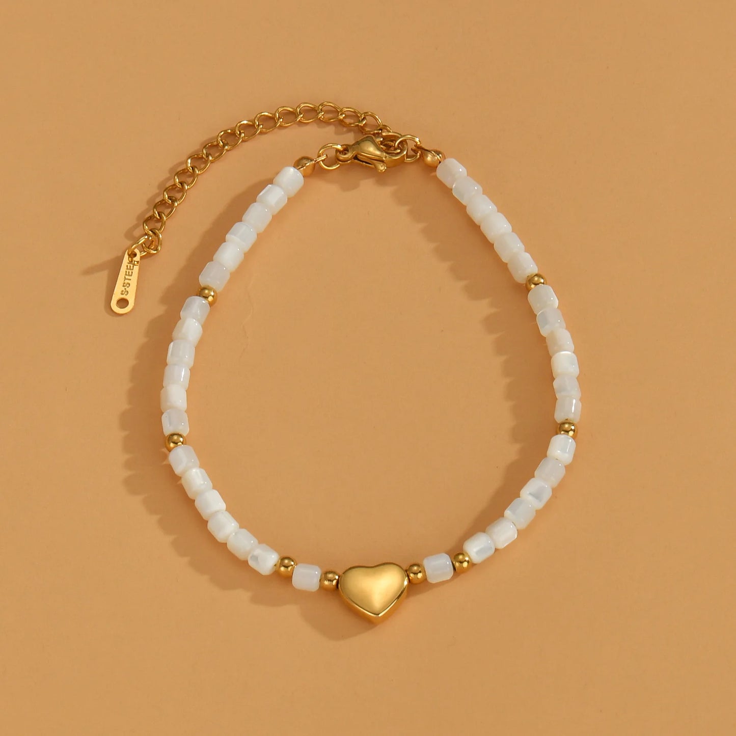 INS Style Handmade Stainless Steel 18k Gold Plated Stone Beaded Bracelet Heart Pendant Design Chain Bracelet