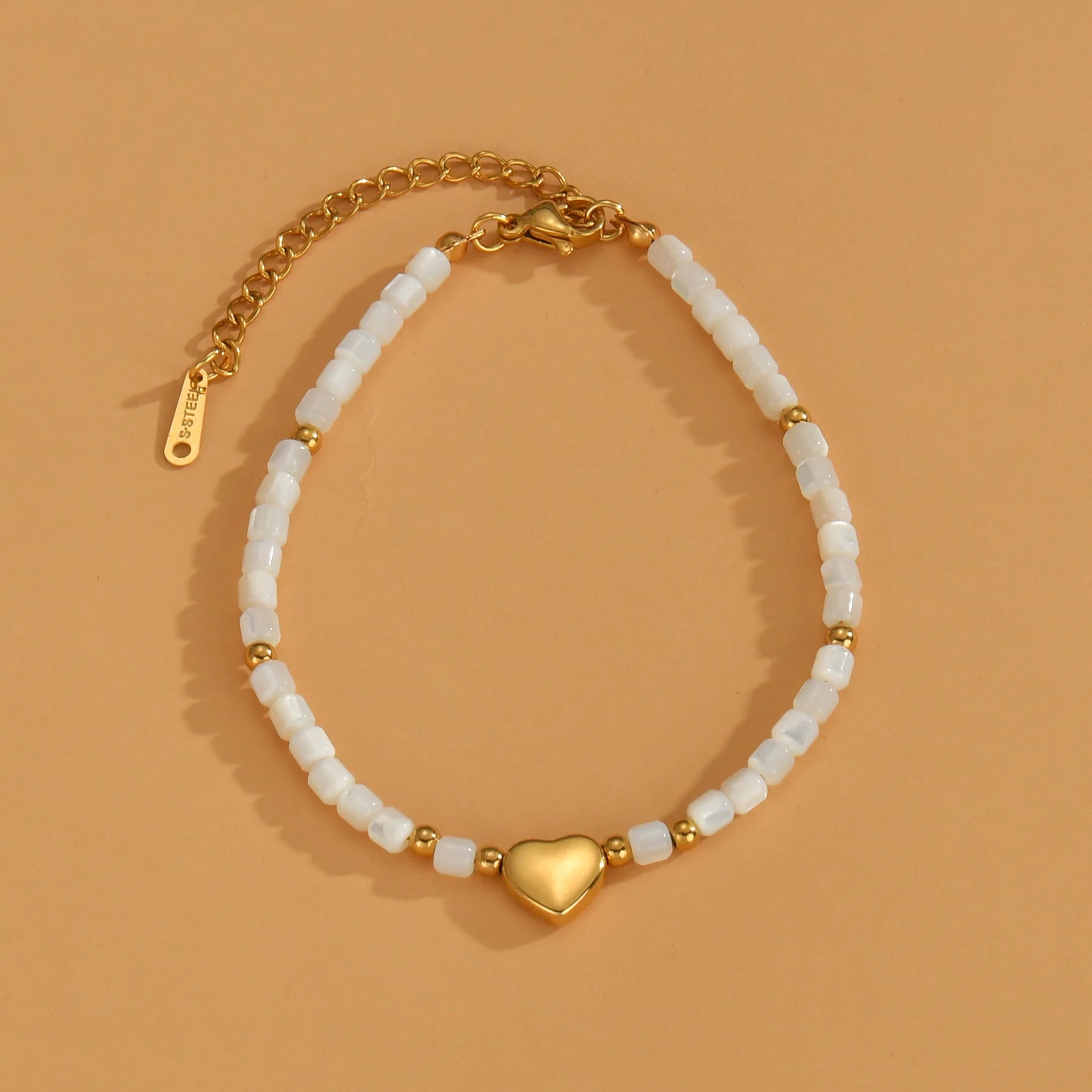 INS Style Handmade Stainless Steel 18k Gold Plated Stone Beaded Bracelet Heart Pendant Design Chain Bracelet