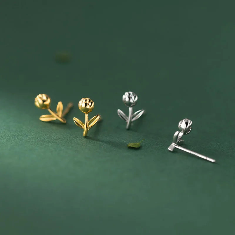 Simple Silver Gold Tulips Stud Earrings Wholesale 925 Sterling Silver Girls Summer Jewelry Gifts