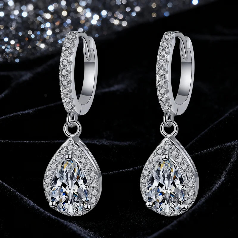 Classic 925 Sterling Silver Pear Cut VVS D Color 1CT Teardrop Moissanite Pendant Earrings for Women Wedding