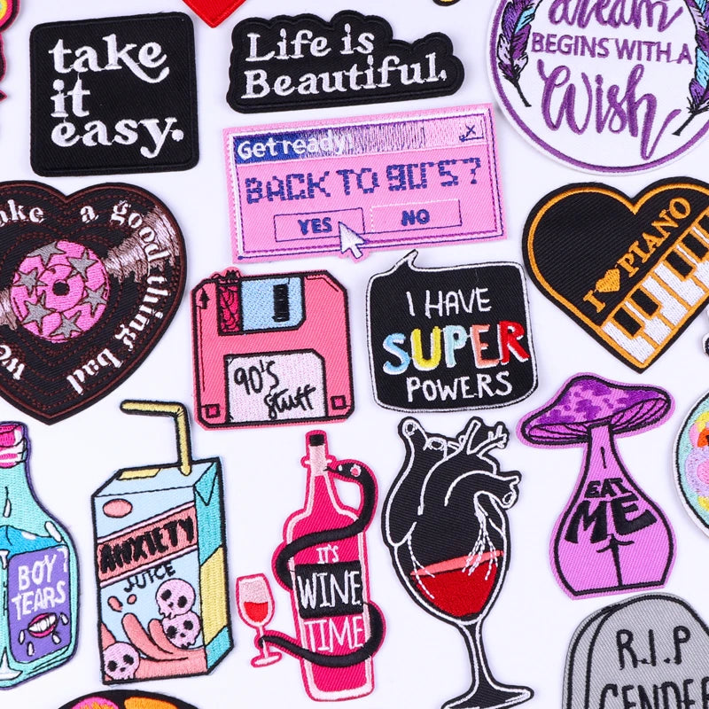 Wholesale Cartoon Letters Drink Purple Embroidery Iron on Patches Custom Designer Fabric Embroidered Patches for Clothes Jean