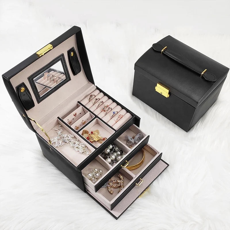 Portable Luxury Travel PU Leather Jewelry Container Velvet Lining Double Layer Drawer Case for Gift Packaging Custom Storage