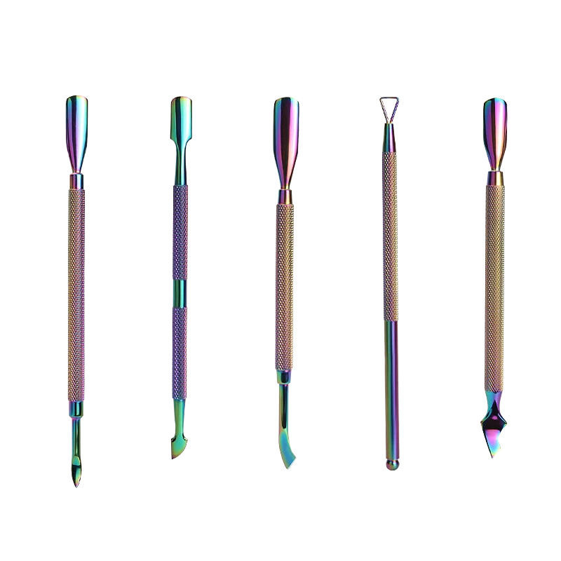 Rainbow Color Stainless Steel Russian  Angled Square Flat Cuticle Pusher Sets Kit Nail Cuticle Pusher