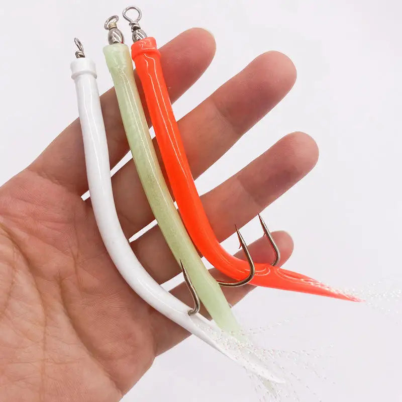 Fishing Eel Tube Jig Bait Shank Offset Hook Barbed Octopus Hook Rolling Swivel Thread Feather Sabiki Rig Sea Fishing Eel Hook