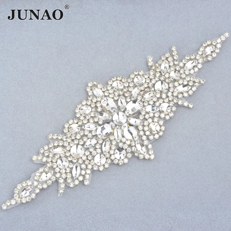 JUNAO 90*240mm Hotfix Rhinestone Stickers Low MOQ Iron on Gemstones Applique Clear Big Flower Crystal Patches