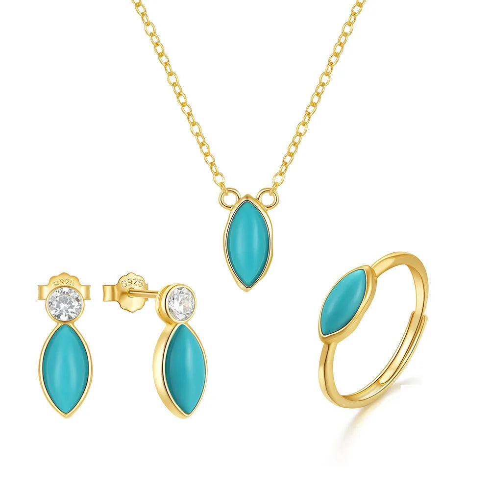 Fine Jewelry Set 925 Sterling Silver Turquoise Horse Eyes Charm Necklace/Earrings/Ring Set for Woman