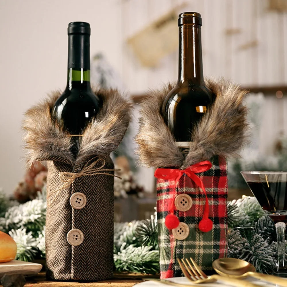 2024 Red Wine Set Striped Plaid Skirt Wine Bottle Table Decoration for Christmas Figurine & Toys