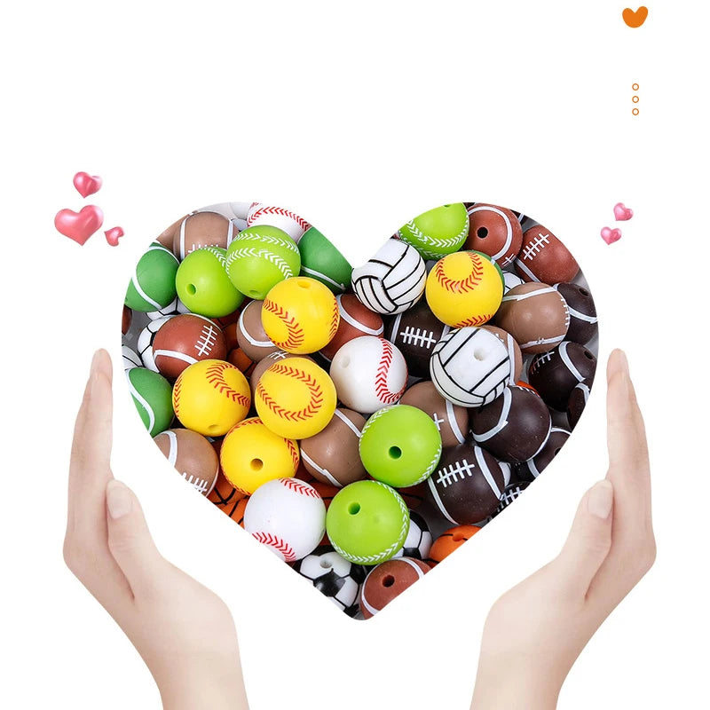Sports Silicone Beads 15mm Baseball Softball Football Round Silicone Beads Soccer Basketball Volleyball for Keychain Bracelet