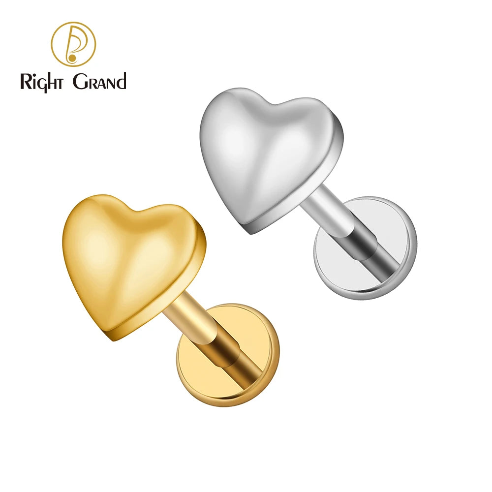 ASTM F136 Titanium Internal Threaded Heart Flat Back Labret Monroe Lip Cartilage Helix Tragus Conch Ear Lobe Stud Body Jewelr