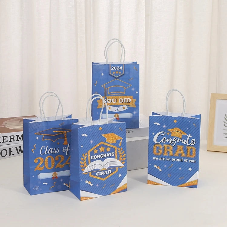 Hstyle Graduation Party Favor Supplies Class of 2024 Candy Goodie Bags Decorations for College High School Blue Gold Bags HS1