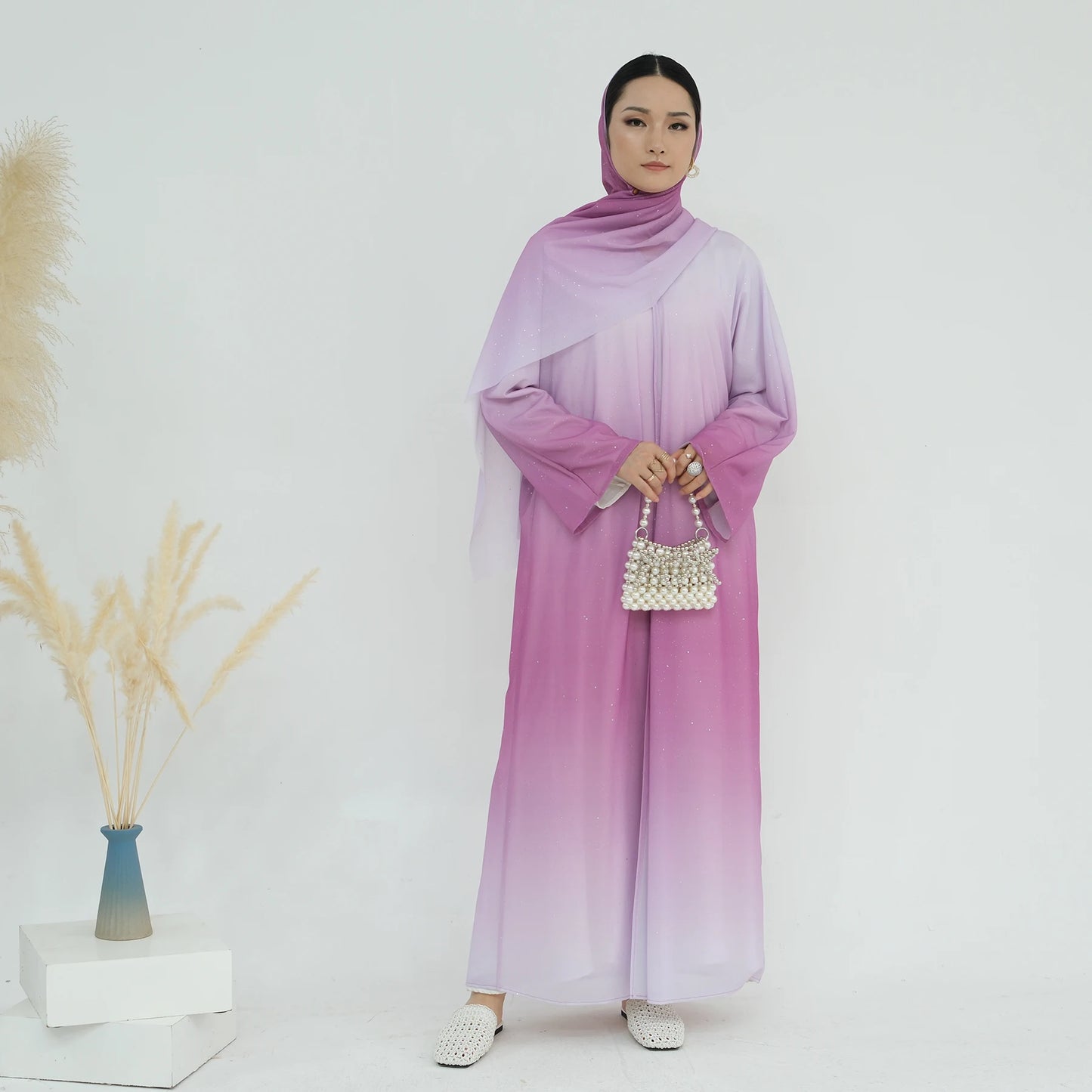 Mexizo New Arrival Gradient Shiny Glitter Open Abaya for Muslim Women Dubai Muslim Cardigan Kimono With a Free Matching Hijab