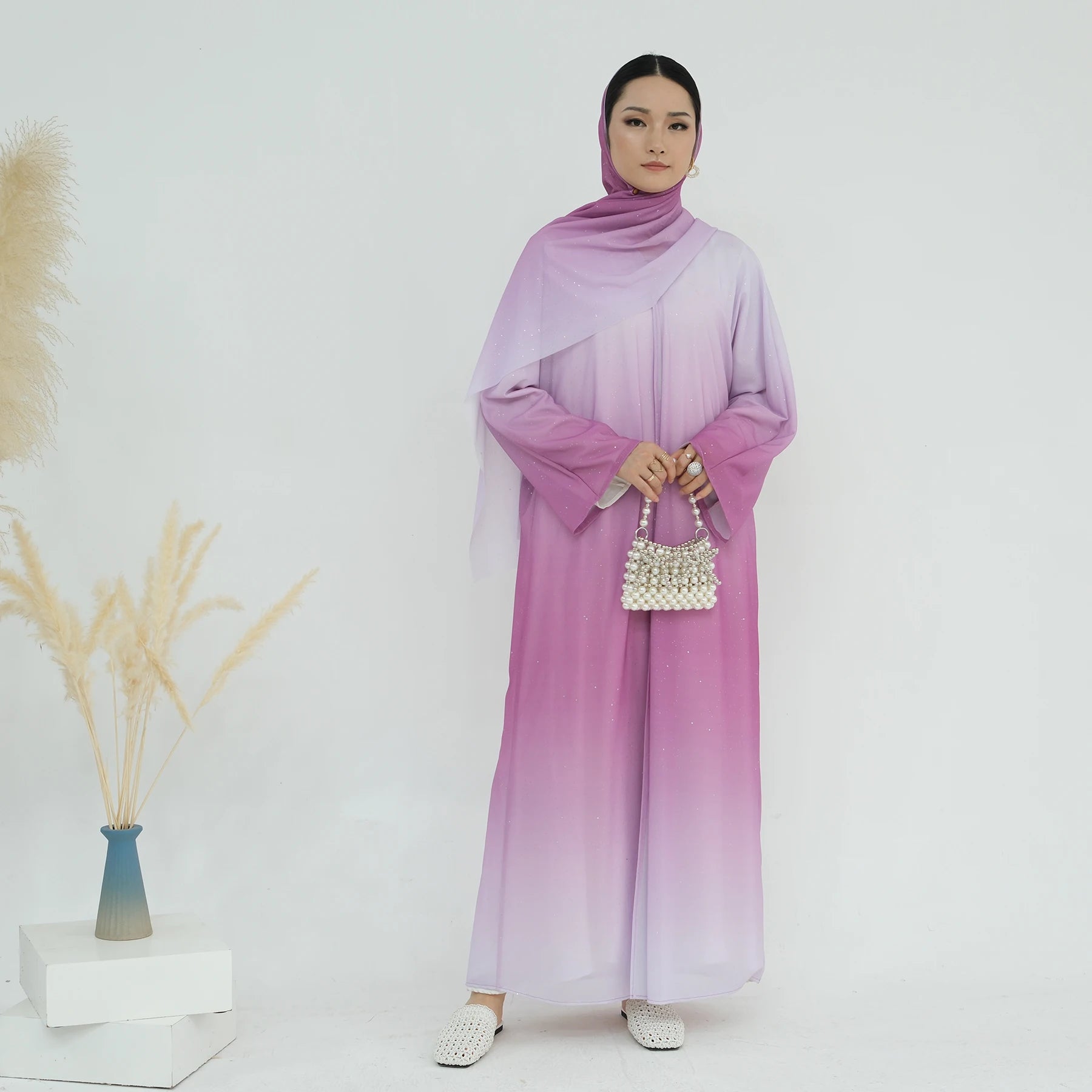Mexizo New Arrival Gradient Shiny Glitter Open Abaya for Muslim Women Dubai Muslim Cardigan Kimono With a Free Matching Hijab