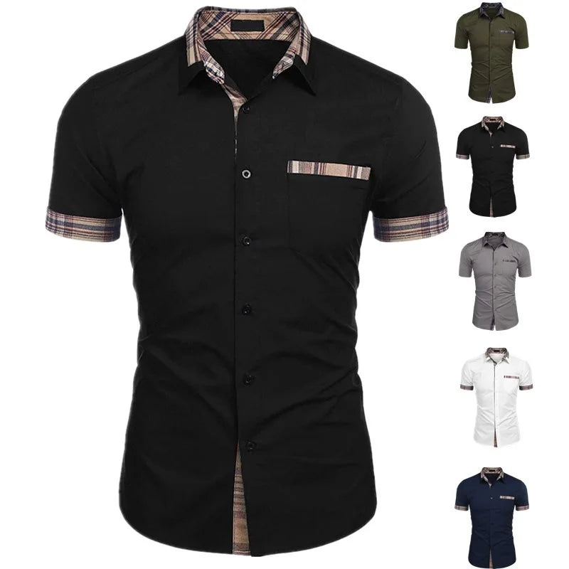 RNSHANGER New Mens Summer Shirts Fashion Short Sleeve Plaid Shirt With Pocket Casual Button Male Dress Shirts
