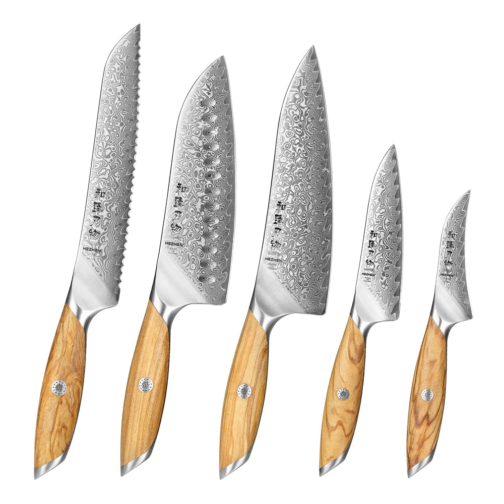 XINZUO 5PCS Knife Custom 73 Layers Damascus Powder Steel Olive Wood Handle Kitchen Chef Knives Set