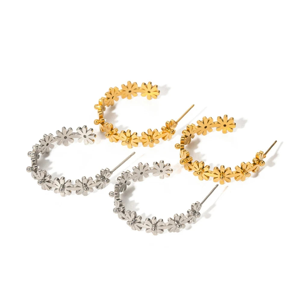 Wholesale 18K Gold Plated Daisy Flower C Shape Hoop Stud Earrings Non Tarnish Stainless Steel Bangles and Bracelet Jewelry Se