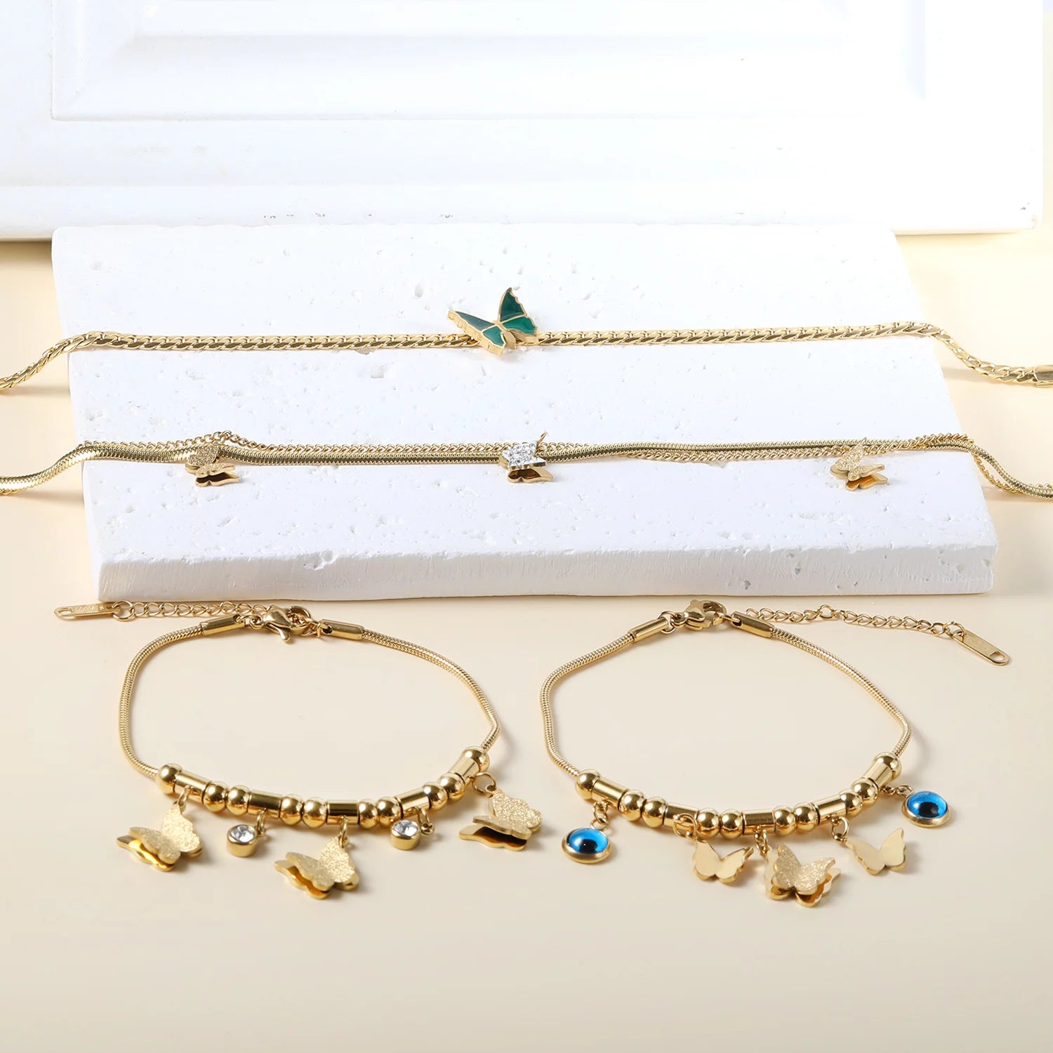 Ason Wholesale Tarnish Free 18KGold Plated Fancy Bule Eye Butterfly Jewelry Stainless Steel Chain Bracelets Women