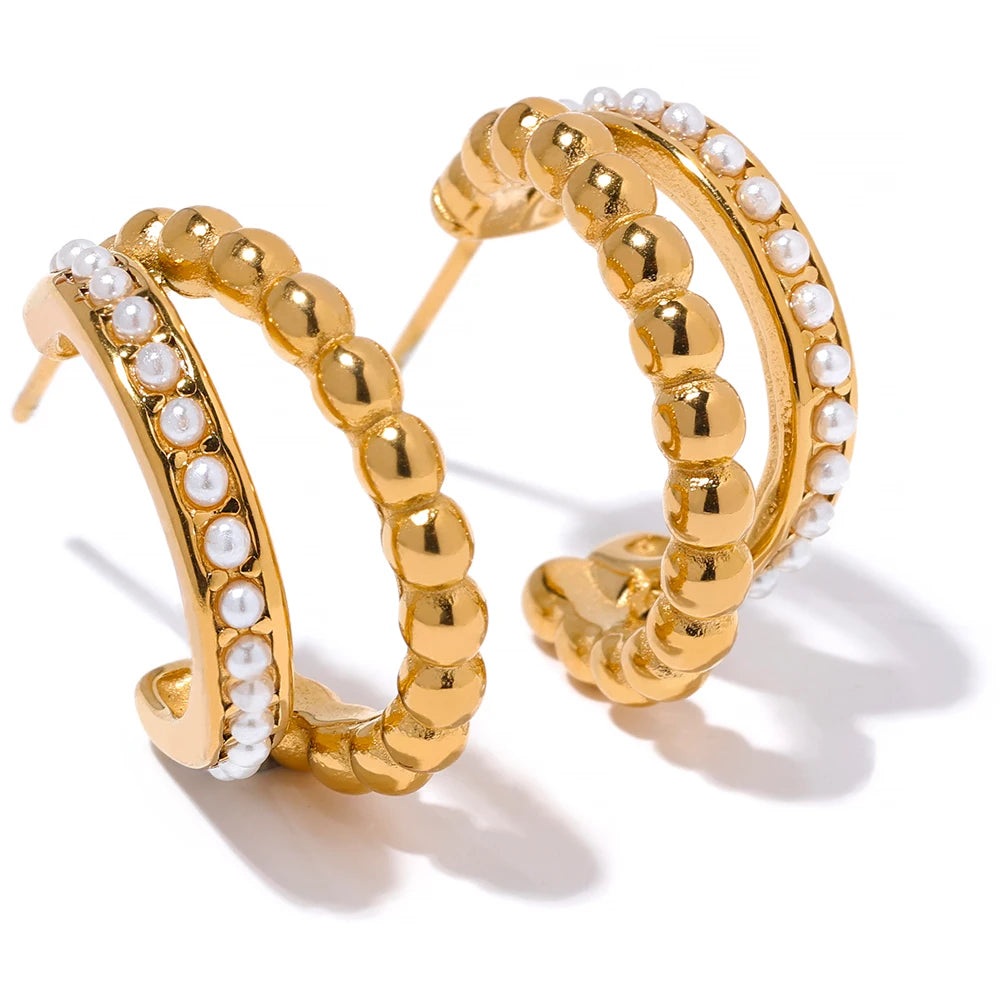 JINYOU 1419 Vintage Artificial Pearls 18K Gold Plated Stainless Steel Geometric Charm Earrings Women Fashion Waterproof Jewel