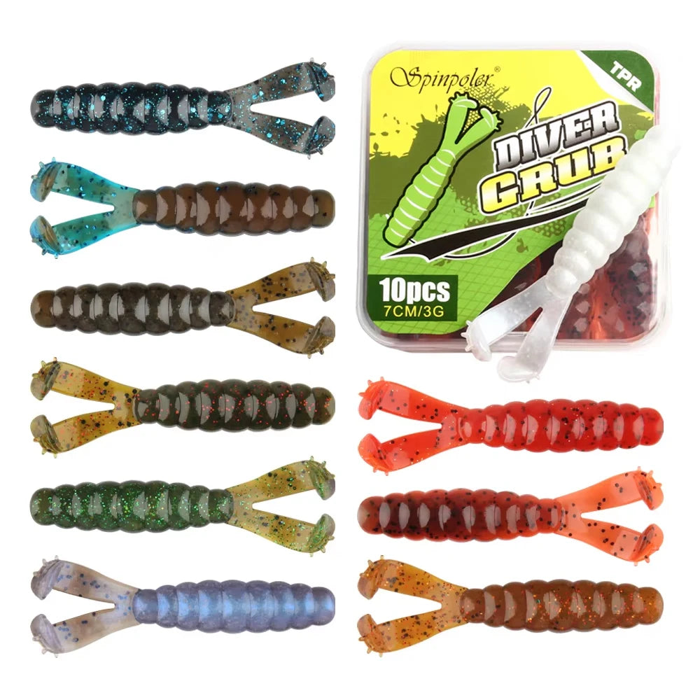 Spinpoler Bass Lure Diver Twin Tail Grub 10X Strong Soft Buoyant TPR Material Floating Durable Worm Fishing Baits 10pcs with 