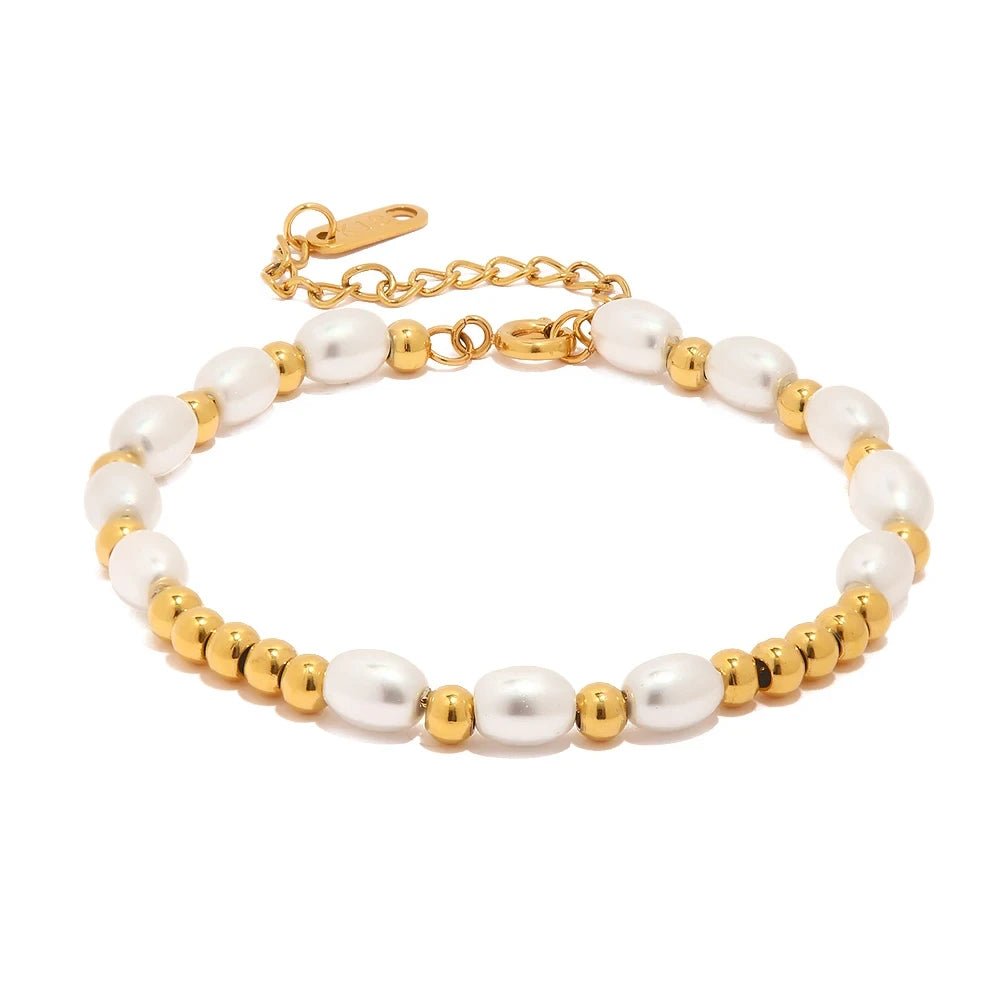 Korean 18K Gold Plated Fashion All Match Rice Bead and Fresh Water Pearl Beaded Bracelets Stainless Steel Bracelet for Women