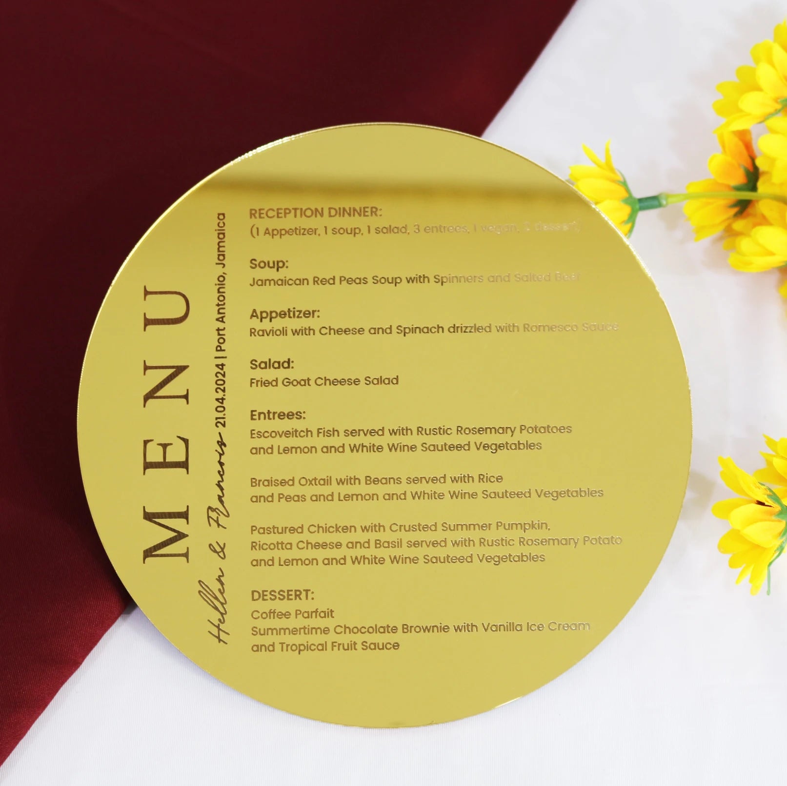 Luxury Custom Gold Mirror Acrylic Menu Circle Round Wedding Menu Card with Engraved Text for Wedding&Birthday Party Banquet