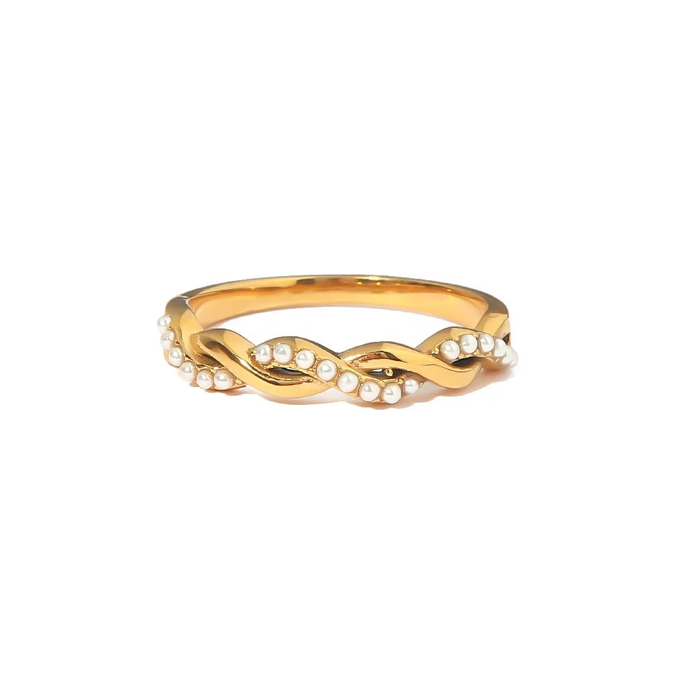 Waterproof Dainty Twisted Pearl Ins Popular 18K PVD Gold Plated Stainless Steel Stacking Ring