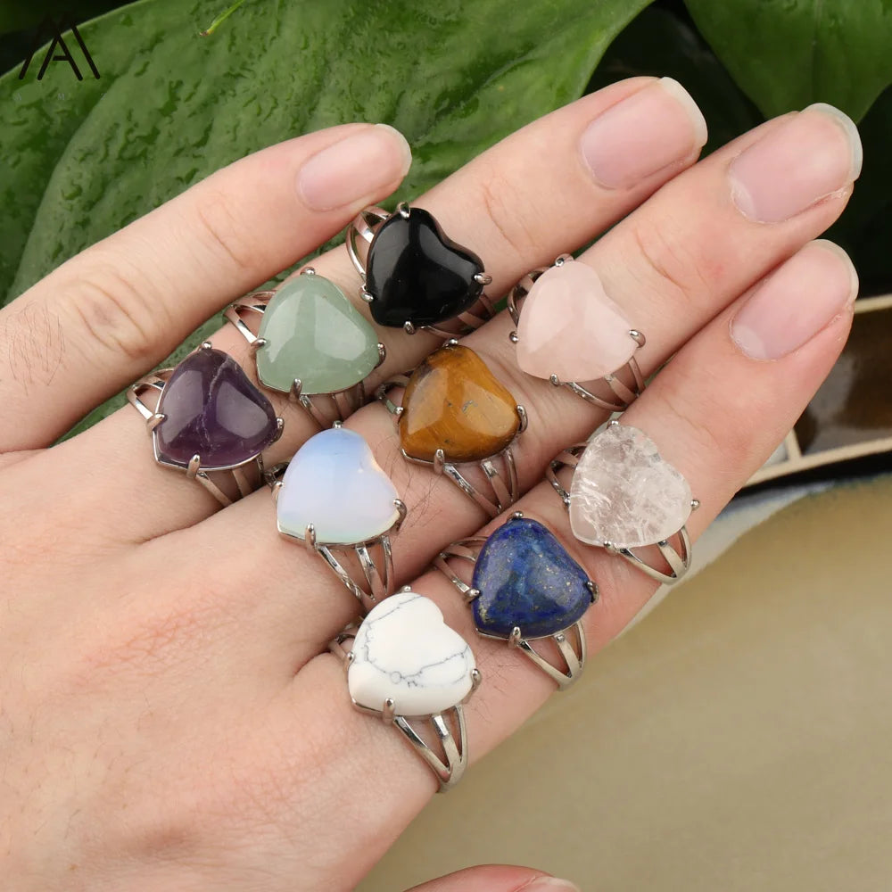 Heart Shape Stone Silver Ring for Girl  LOVE  Heal Crystal Valentines Gift