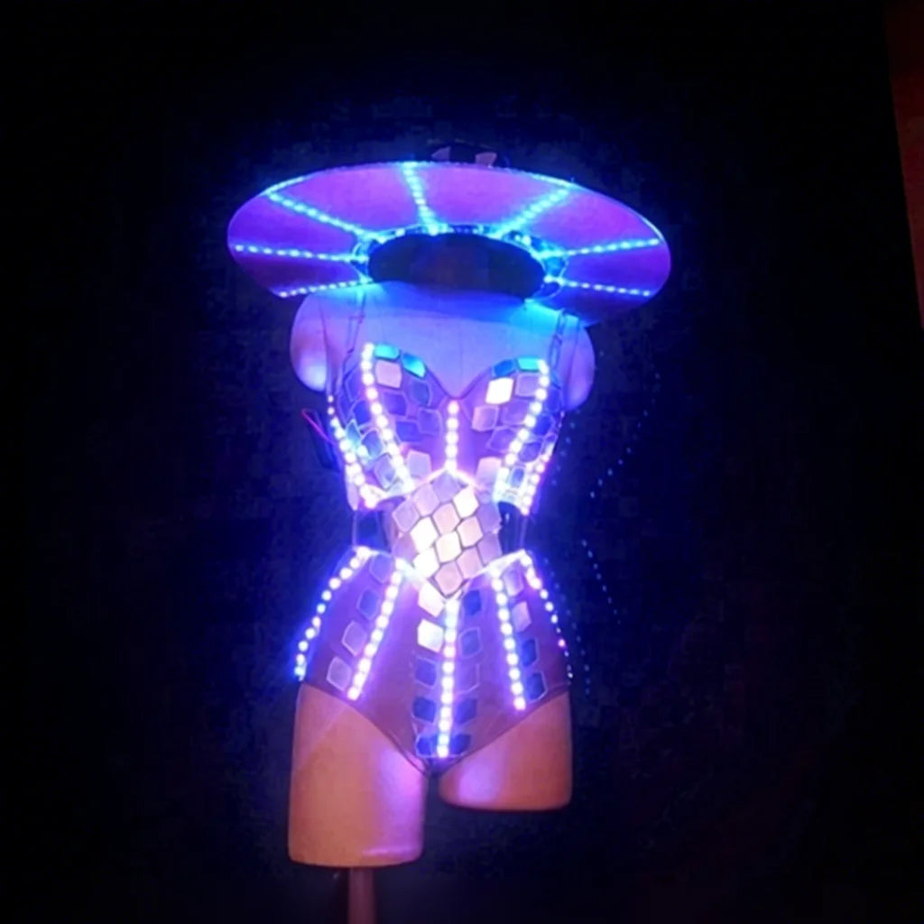 European American Female LED Luminous Costumes Night Bar Fluorescent Sexy DJ Singer Disco Dancing Clothing Glasses Shape Part