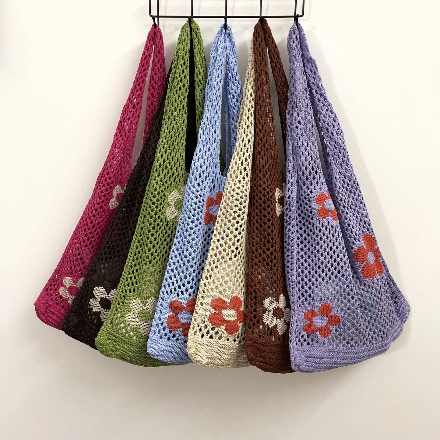 Women's New Crochet Net Totes Floral Beach Crochet Knit Tote Bags Elegant Floral Beach Knitted Shoulder Bag