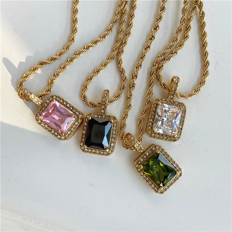 Fenny Luxury Colorful Square Zirconia Crystal Pendant Necklace Trend for Women Stainless Steel Jewelry Wholesale