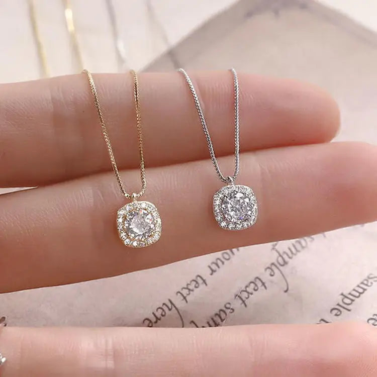S925 Sterling Silver Square Crystal Zircon Pendant Necklace  Jewelry Zircon Clavicle Chain Necklace