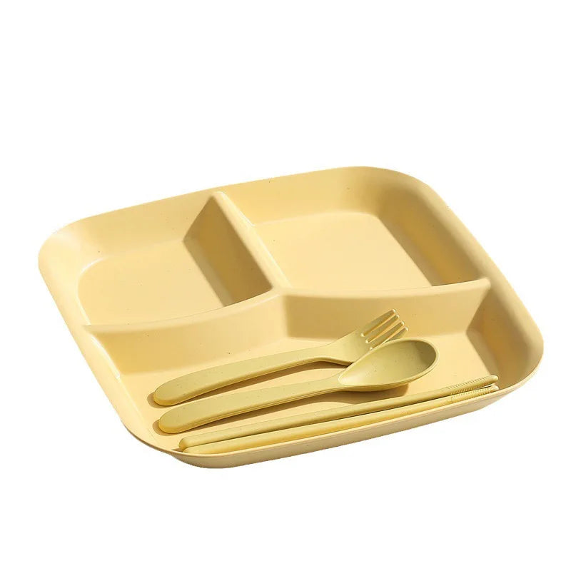 Adult/Children's Three Grid Meal Plate Wheat Straw Fiber Plastic Plate Eco Friendly and Biodegradable Square Plate