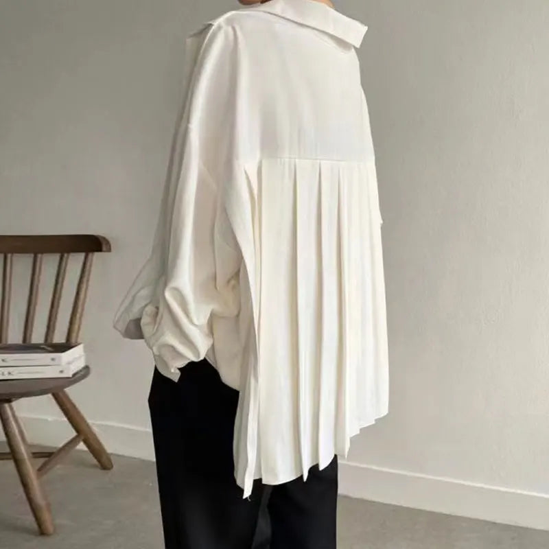 Boutique Wholesale 2026 Korean Chic Autumn French Minority Lapel Back Pleated Design Loose Casual Long Sleeve Shirt