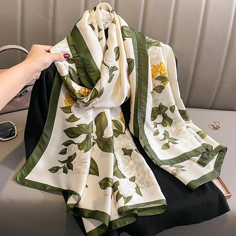 Wholesale 2023 New Plain White Flower Pattern Silk Printed Scarves for Woman Hijabs Elegant Soft Floral Silk Neck Scarf for L