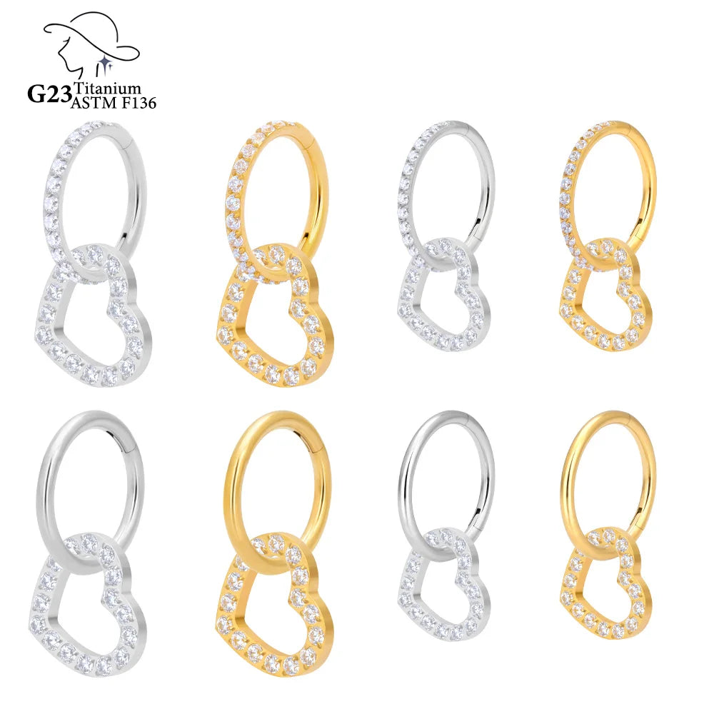 ASTM F136 Titanium Round Heart Pierce Segment Hoop Earrings 5A Paved Tragus Lip Nose Ring Fashion Piercing Body Jewelry