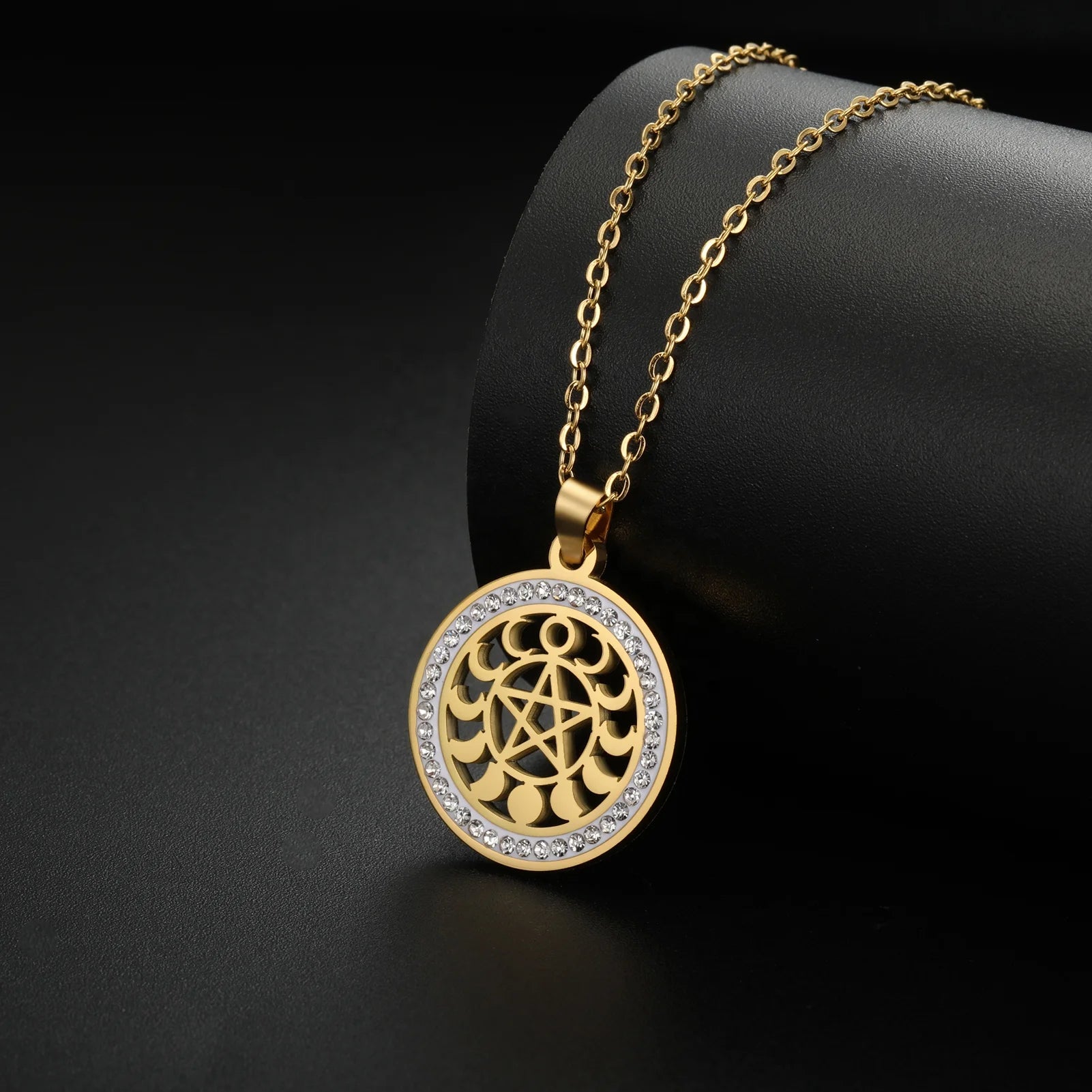 Moon Phase Pentacle Clear Zircon Pendant Necklace Pentagram Wiccan Choker Stainless Steel Jewelry Valentines Day Gift