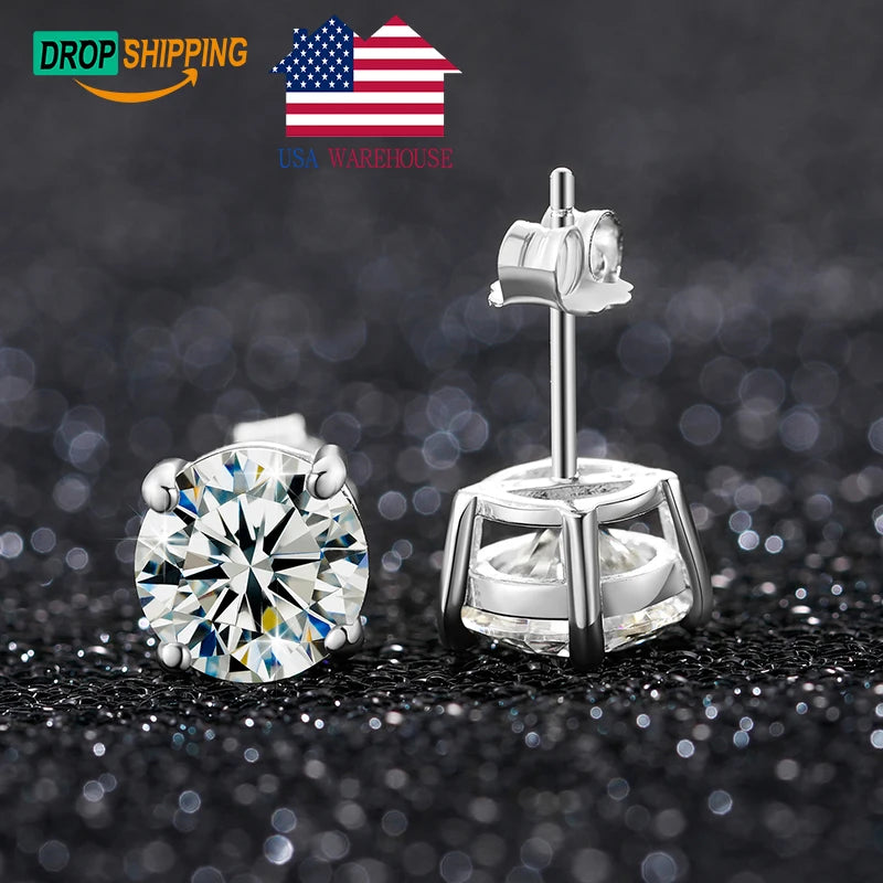 Dropshpping USA Stock Bling Luxury Handmade Push Back 925 Sterling Silver VVS Moissanite Diamond Classic Solitaire Stud Earri