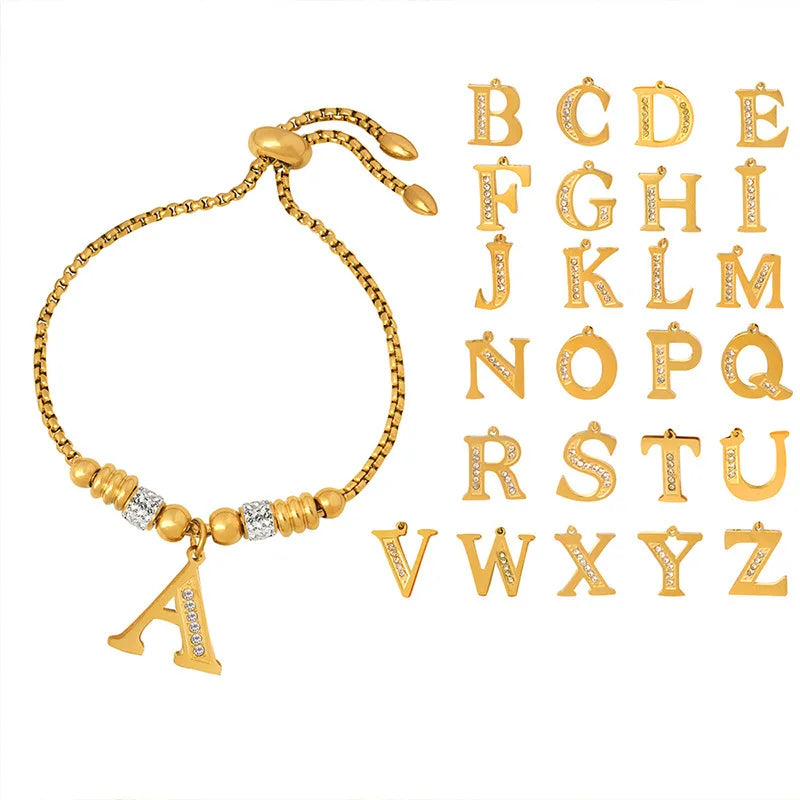New Design Trendy Luxury Not Fade 18K Gold Plated Stainless Steel Women's 26 Initial Letter Zircon Corn Chain Bracelet