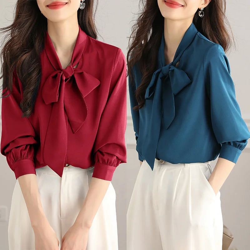 Womens Silk Bow Tie Neck Shirts Japanese Blue Dressy Blouses Lantern Sleeve Office Lady Tops Formal Shirt