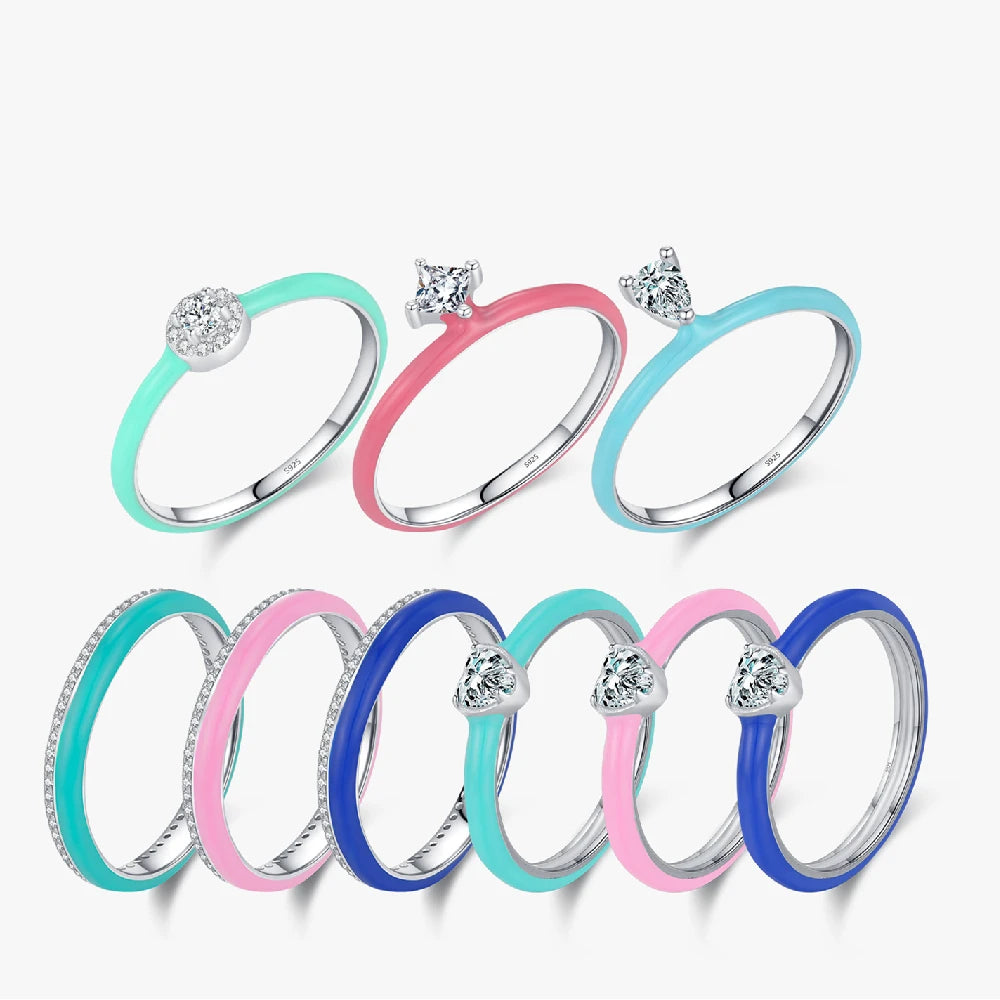 Daidan Lady Candy Colored Silver Heart Stacked Micro Pave Zircon Enamel 925 Silver Ring