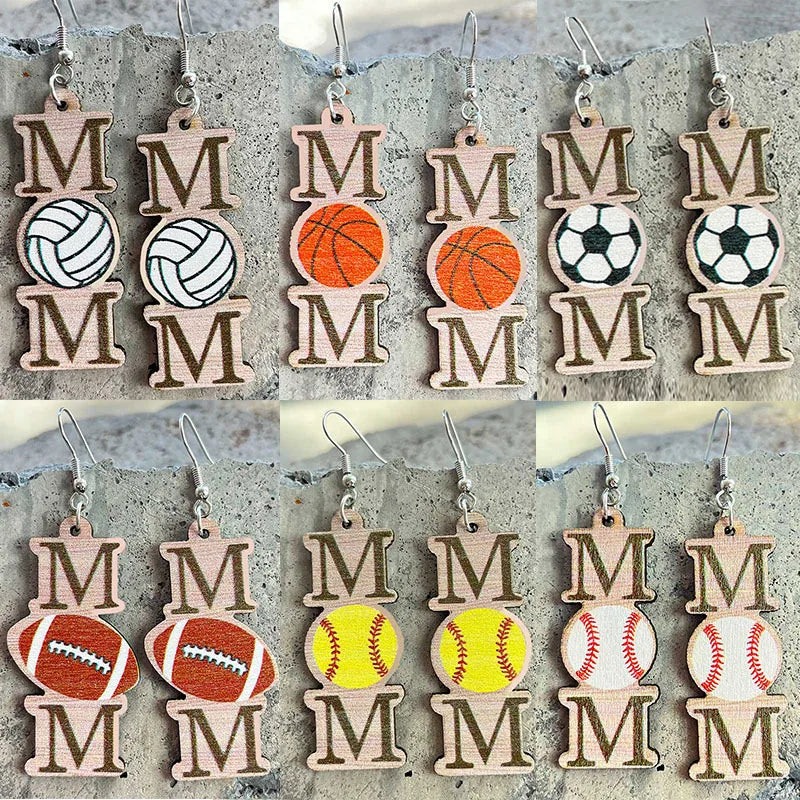 Retro Wooden Hook Earring Ball Sports Baseball Softball Basketball Earrings Mom Pendant Earrings for Mother Day