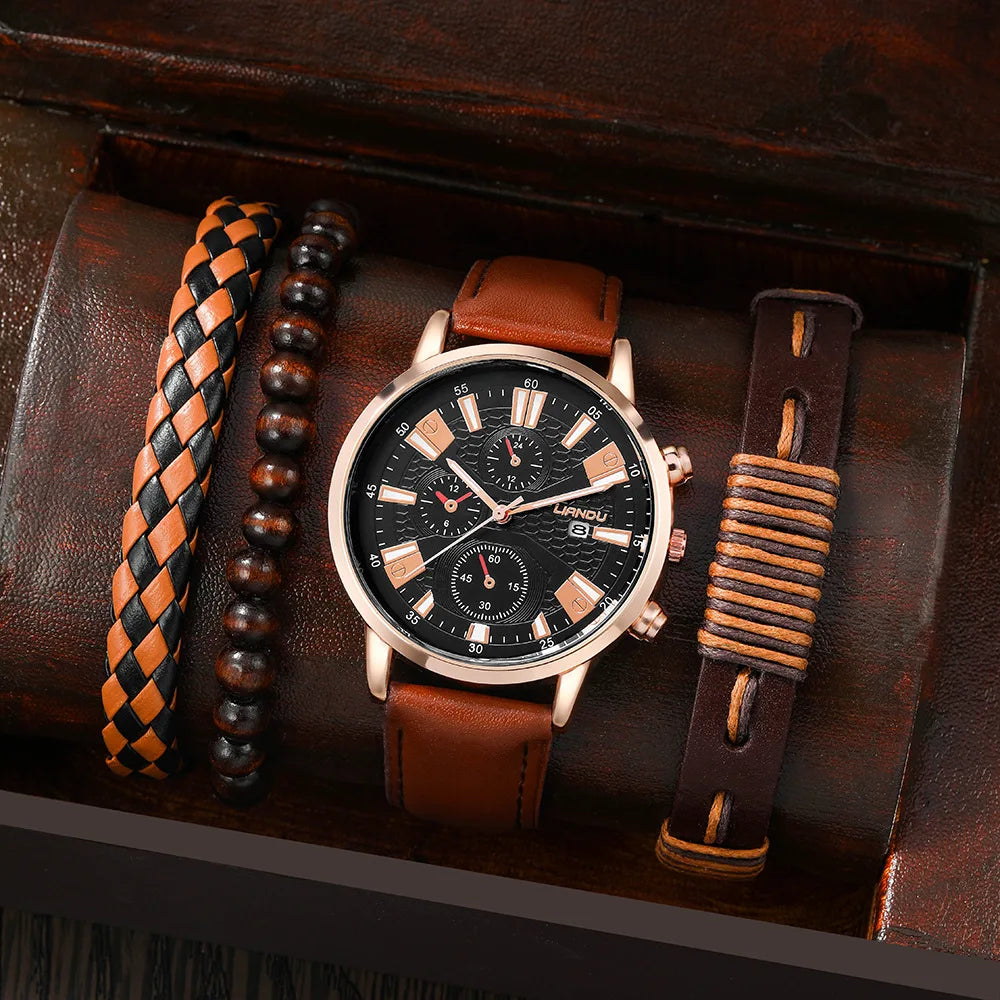 LIANDU Men Watch With 3 Pcs Bracelets Set Leather Band Quartz Wristwatch Fashion Wristwatches