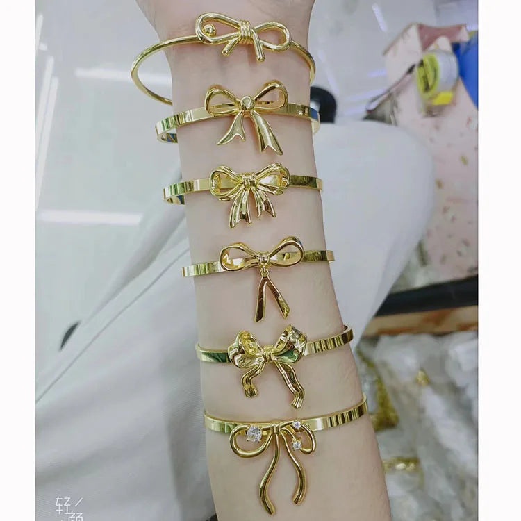 BA1073  2024 Fashion Jewelry 18K Gold Plated Brass Love Knot Rihhon Bow Bowtie Open Cuff Bangle Bracelets