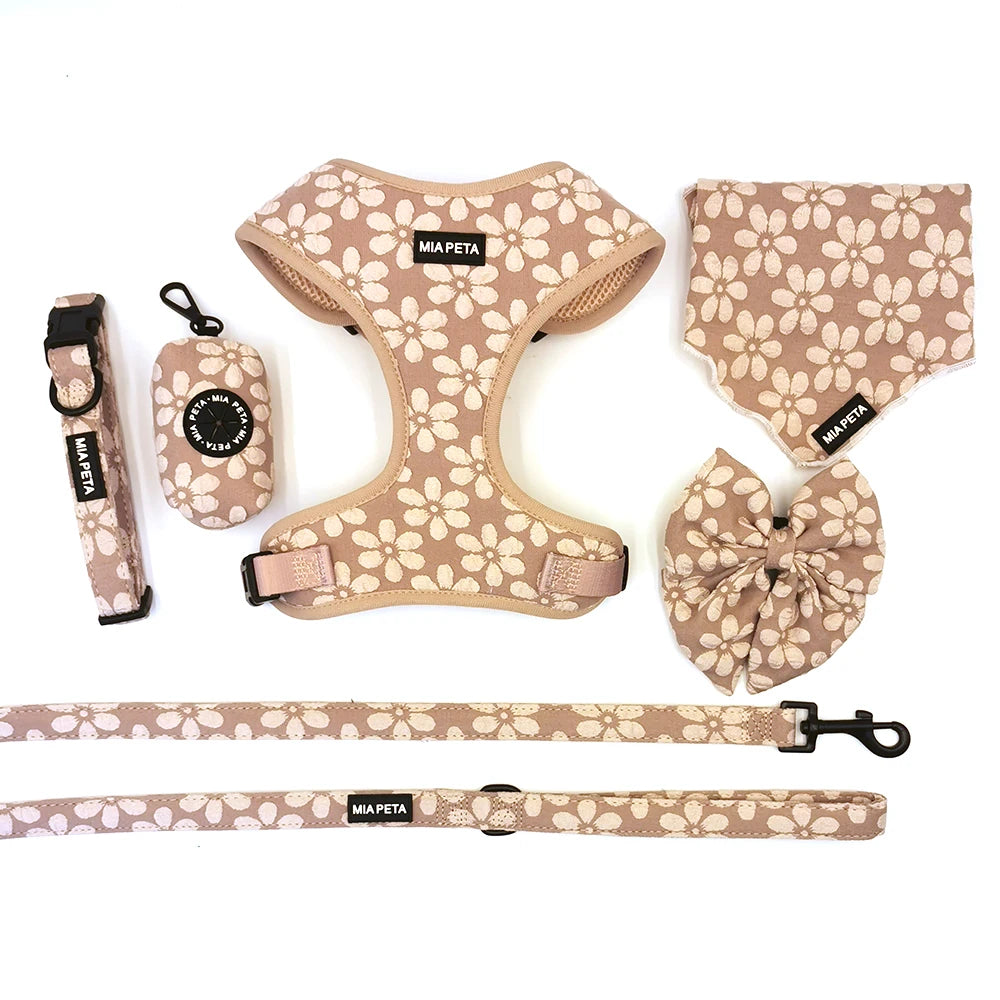 Dog Accessories of Pet Harness Set Luxe Mocha Flower Adjustable Pet Neck Harness Lead & Collar Bundle