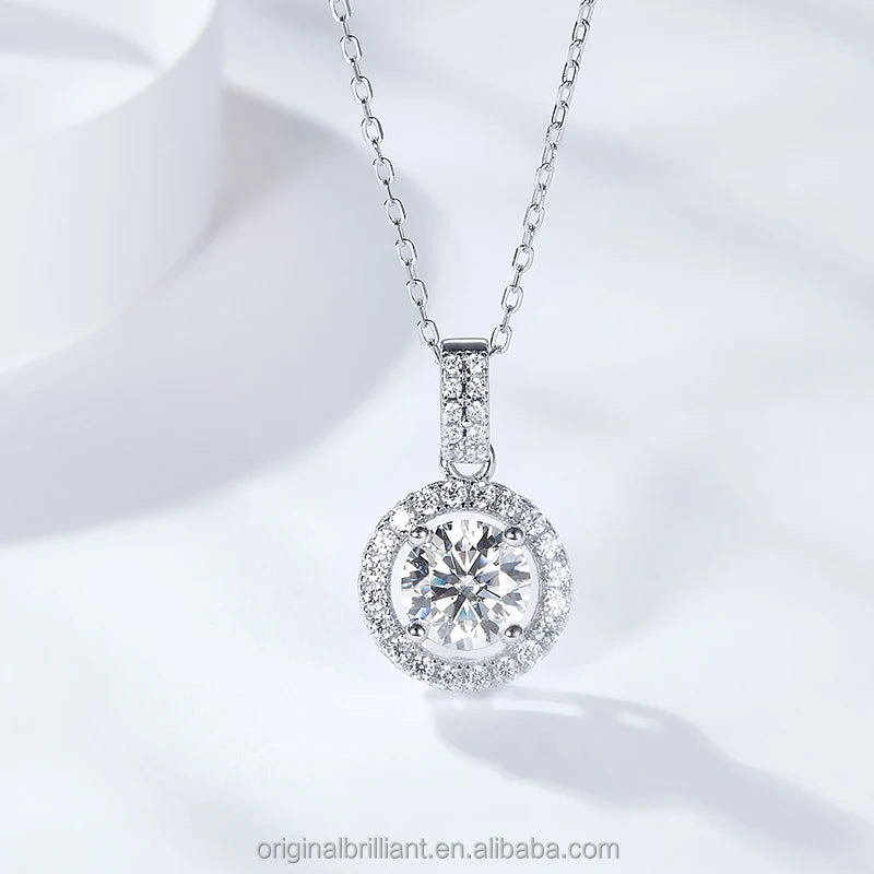 Starsgem S925 Sterling Silver Halo Set 1ct 2ct Moissanite Pendant Necklace